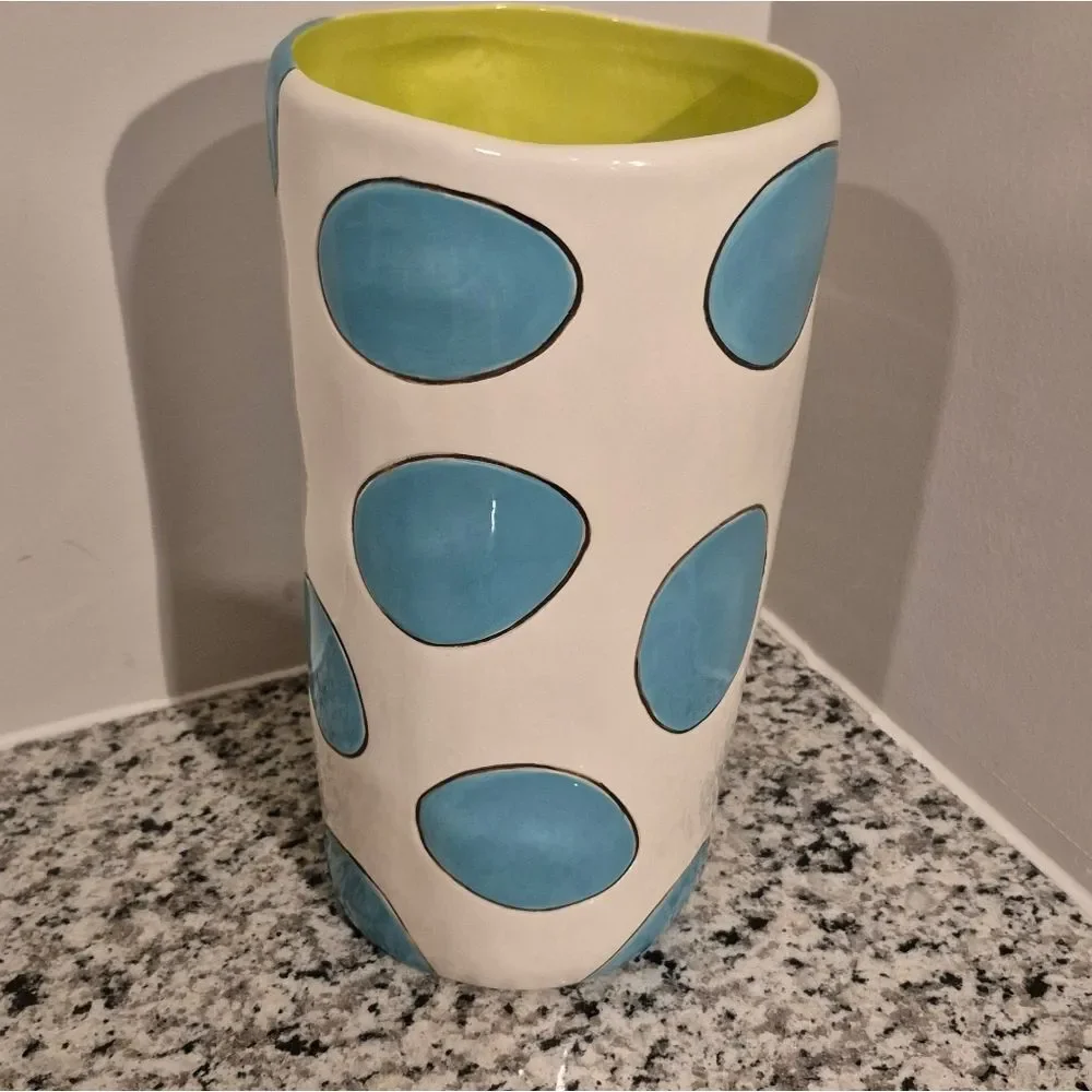 Artist signed Rare SALLY RUSSELL  Pottery Vase Circles Aqua Blue
